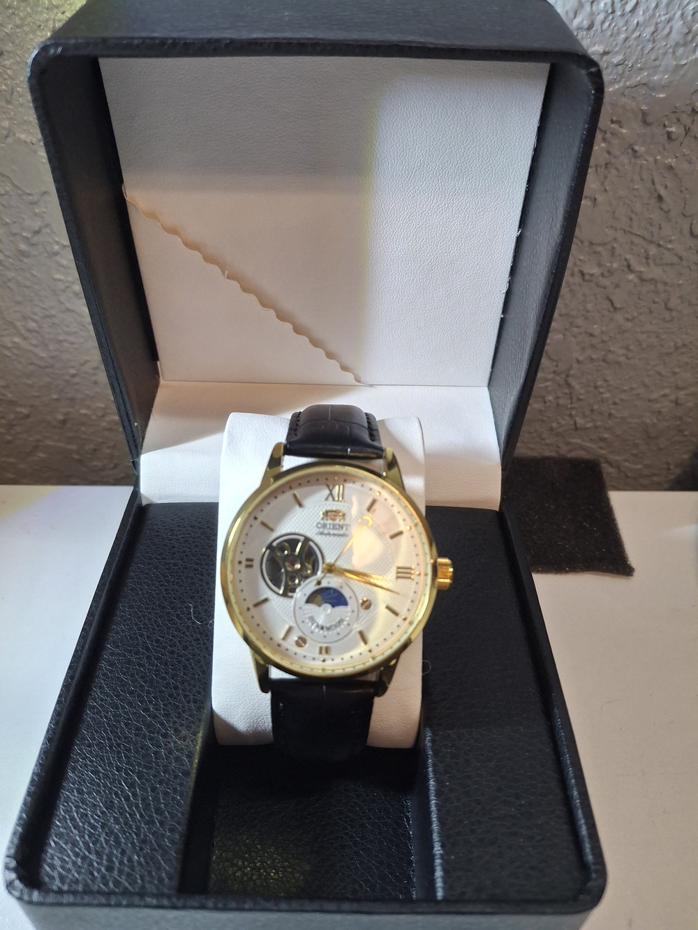 Orient Men's Gold Case White Dial Black Leather Automatic Watch